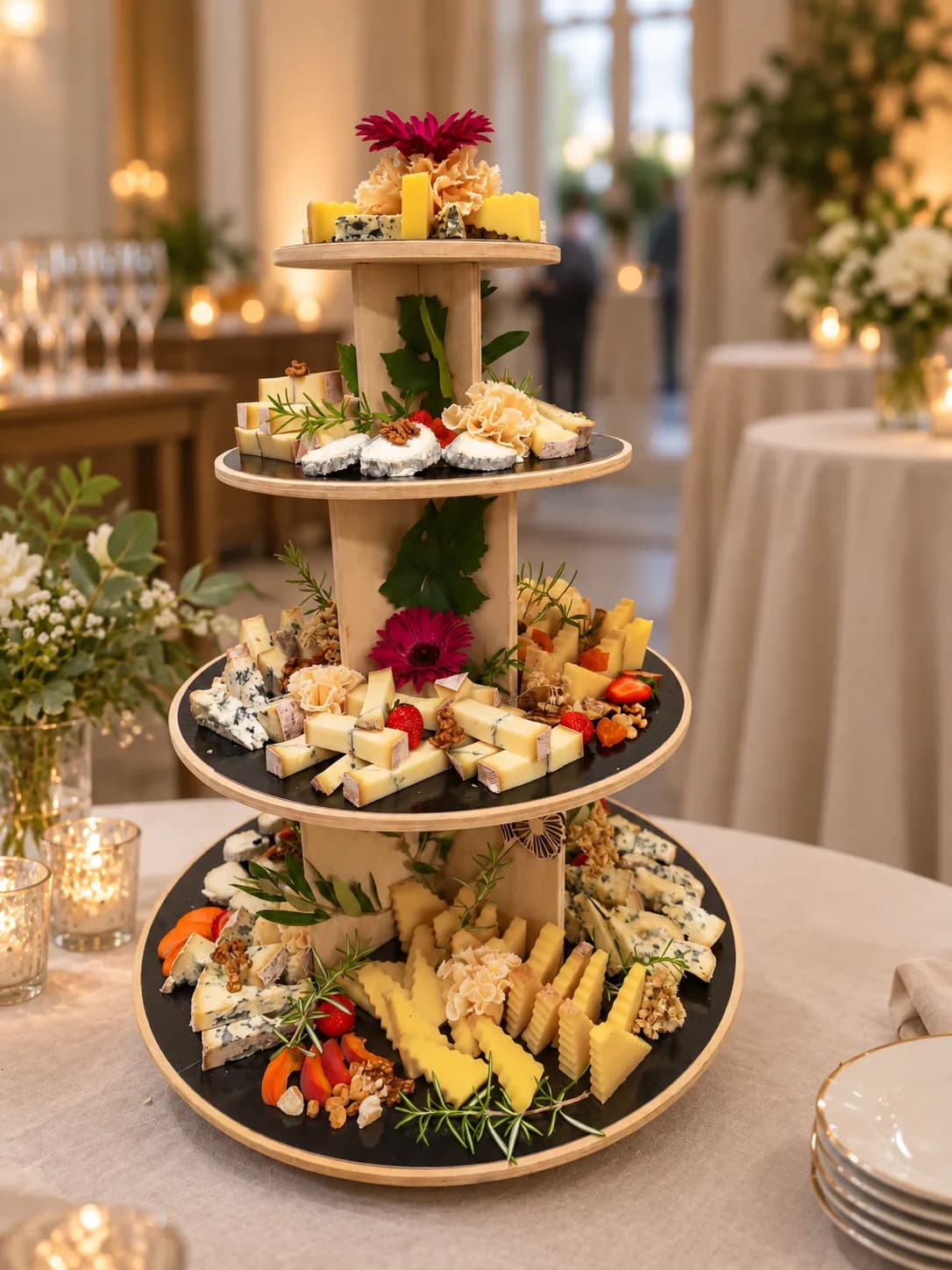 Pièce montée de fromage à quatre étages, décorée de fruits et fleurs comestibles