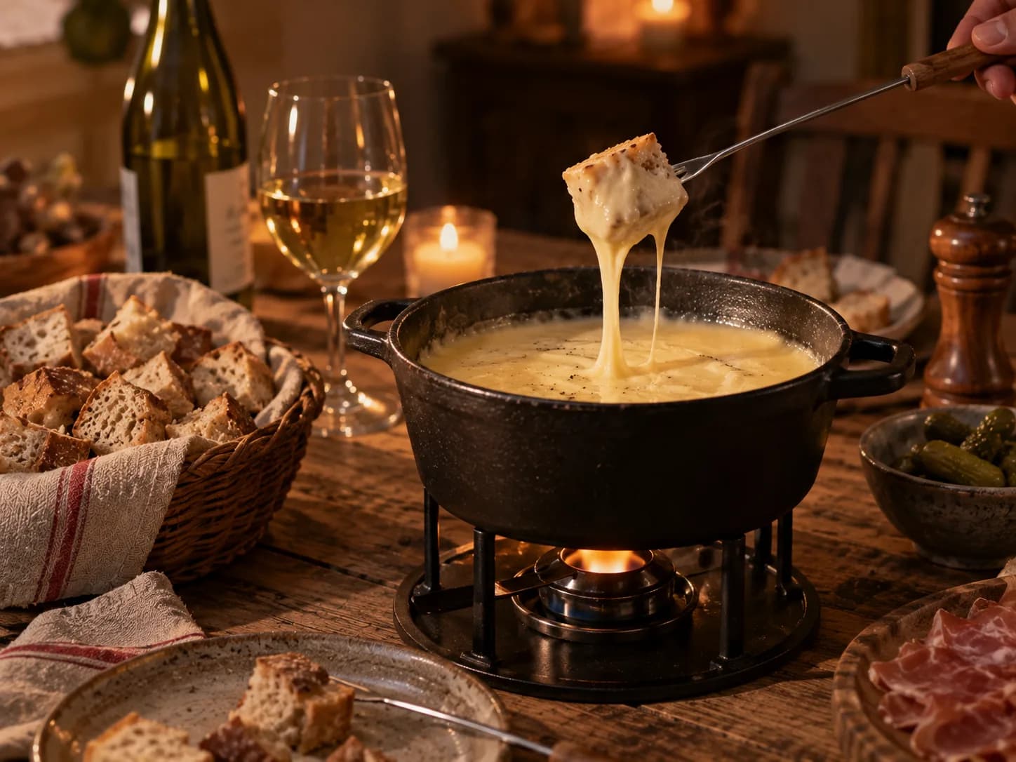 Caquelon de fondue sur son réchaud, pain au bout d’une fourchette