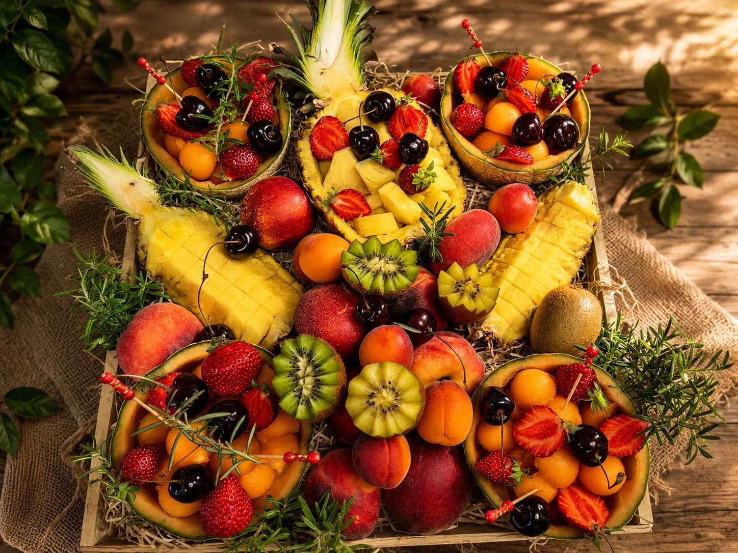 Corbeille en osier garnie avec découpe de fruits 