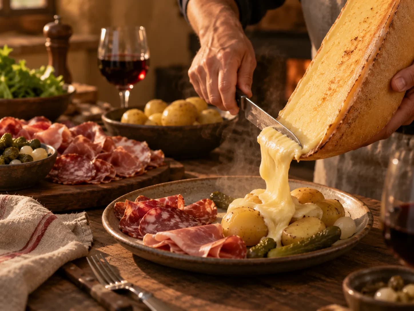 Demi-meule de raclette que l’on racle sur une assiette de pommes de terre et de charcuterie